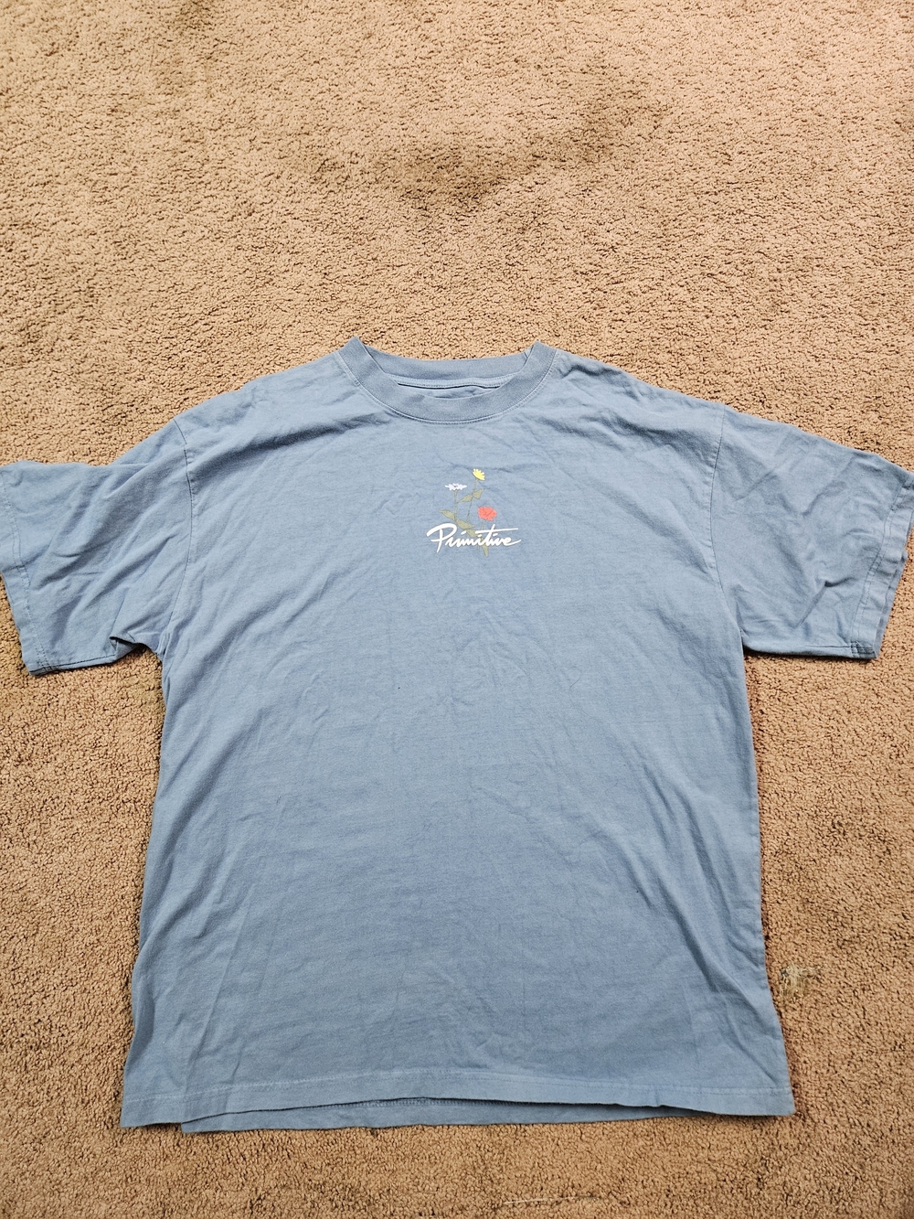 Primitive Light Blue Graphic Crewneck Tee with Small Multicolor Logo